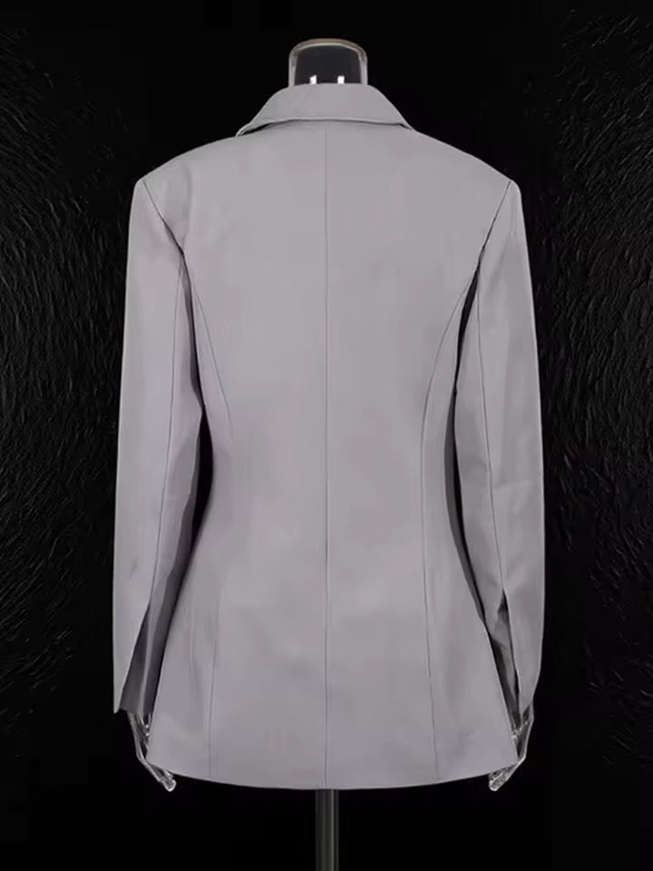 Hidden Button Grey Temperament Versatile Pleated Waist Cinched blazer