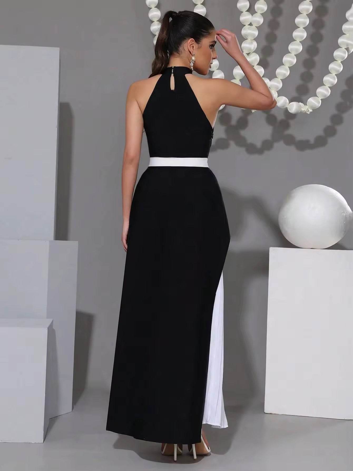 Black And White Contrasting Slim Fit Pleated Dress - REBECATHELABEL