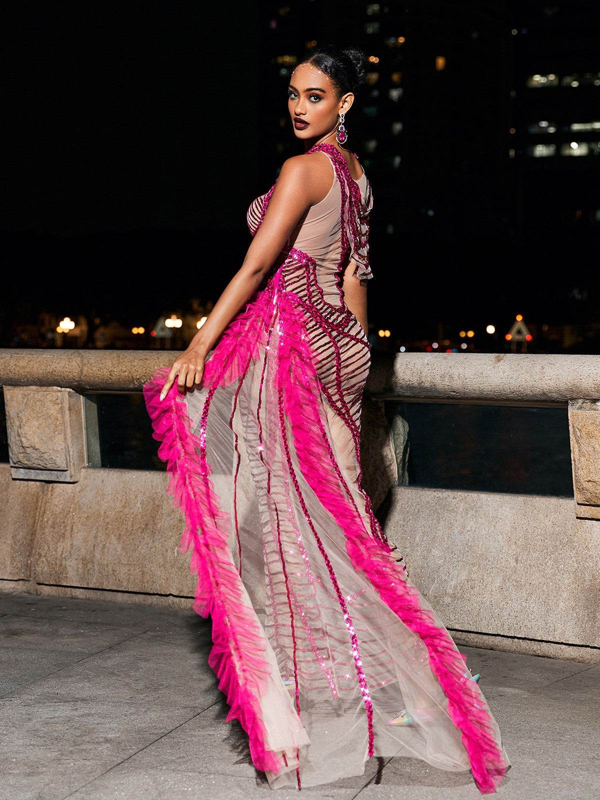 Draped Cutout Sequin Mesh Dress In pink - REBECATHELABEL