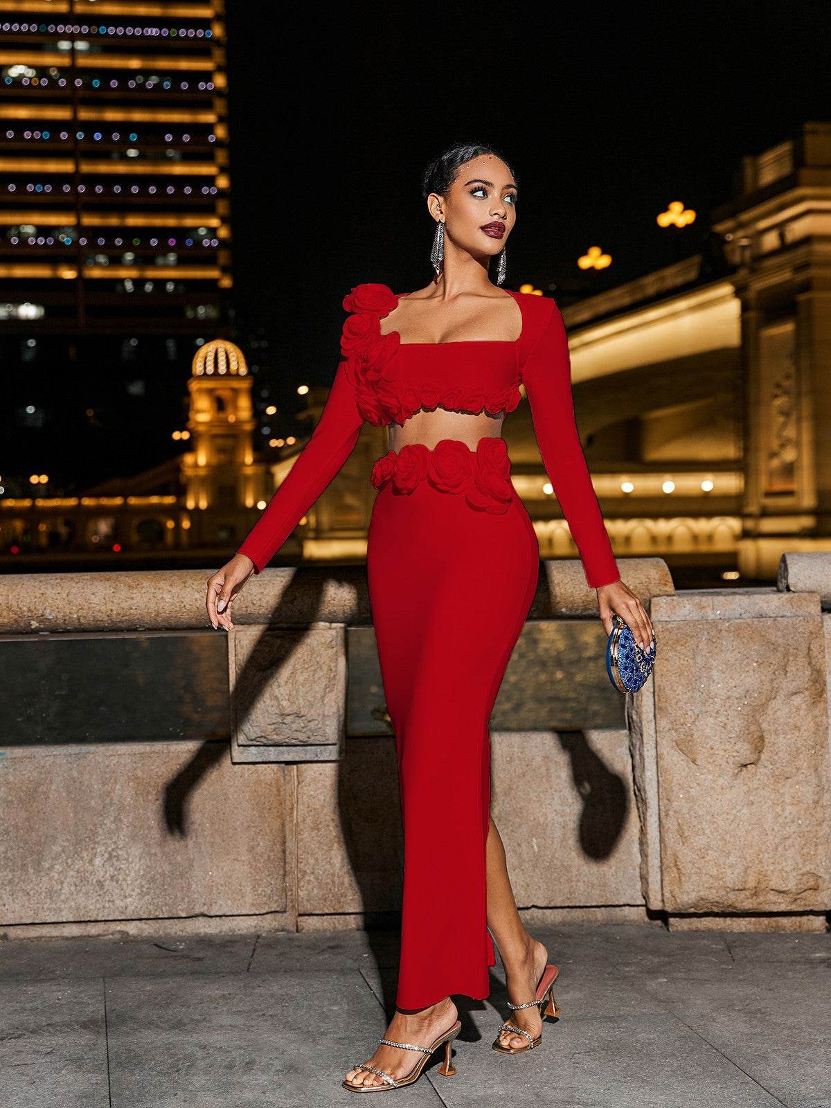 Flower Bandage Skirt Set In Red - REBECATHELABEL