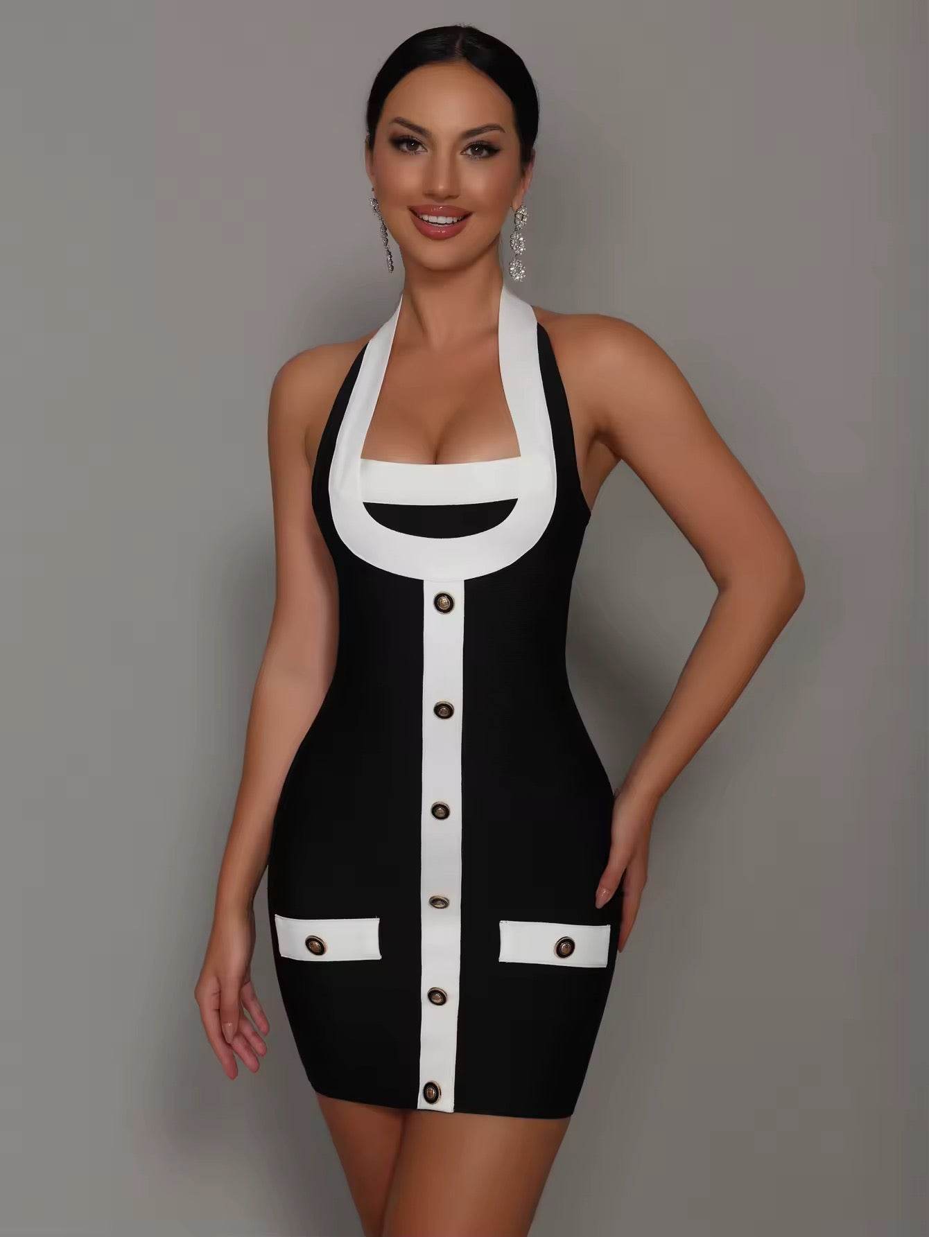 Backless Halter Striped Black Mini Bodycon Bandage Dress - REBECATHELABEL