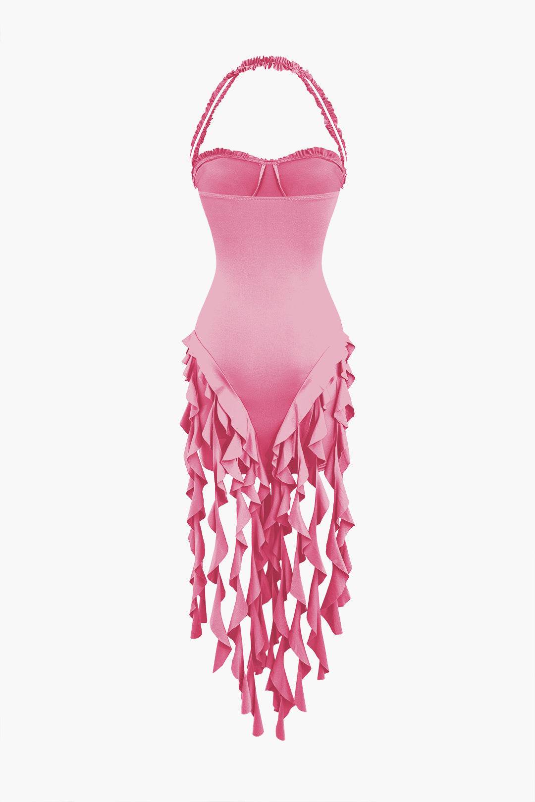 Ruffle Tassel Halter Bustier Mini Dress - REBECATHELABEL