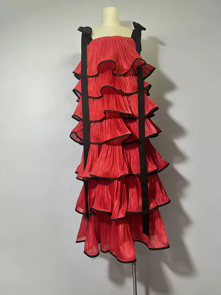Tiered Ruffles Satin Long Square Neck Sleeveless Bowknot Strap dress