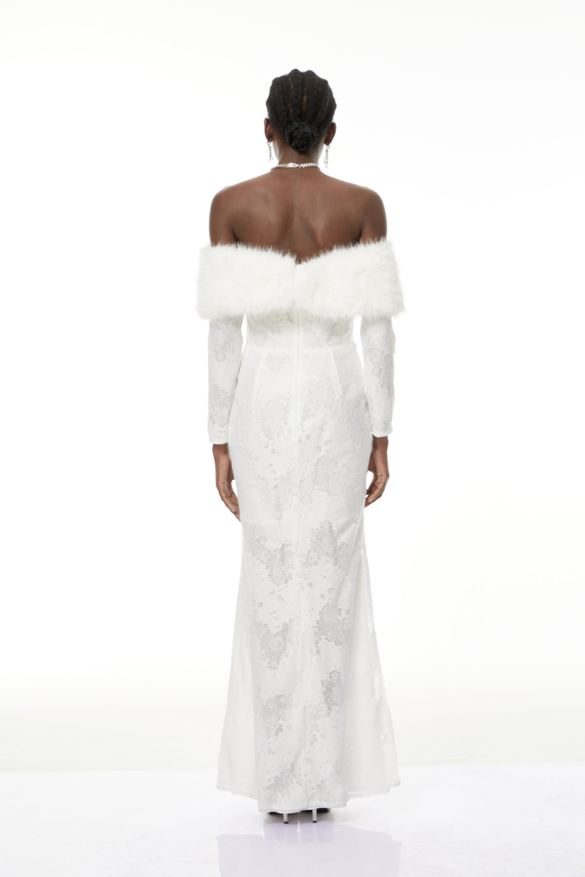 White Fur Trim Floral Lace Maxi Dress