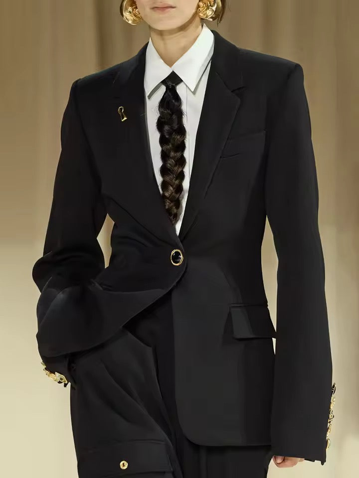 Black Spliced Button Jacket Female Lapel Long Sleeve Slimming Office blazer