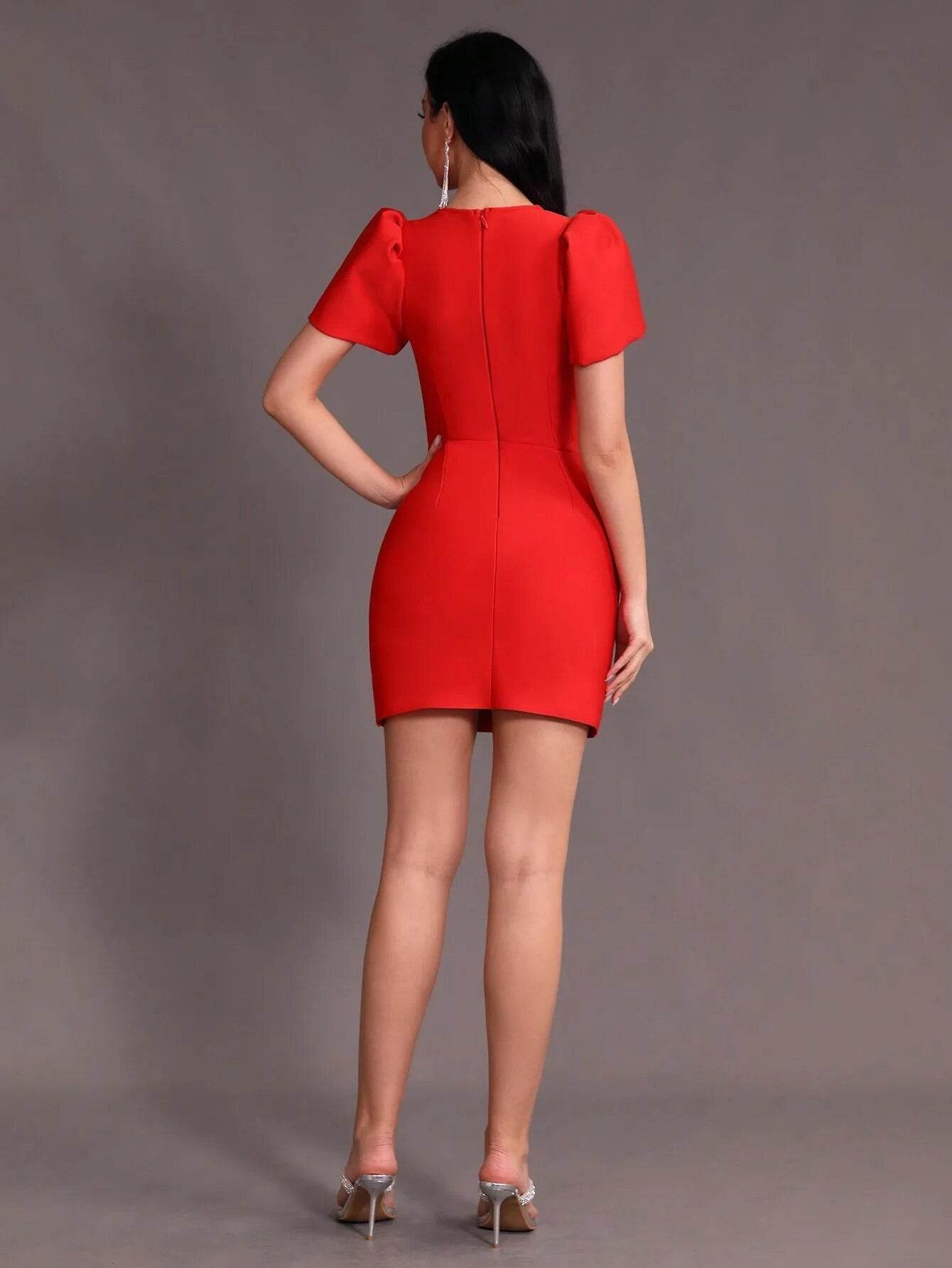 Short sleeved Diamond Bow Hollow Tight Mini Tie dress - REBECATHELABEL