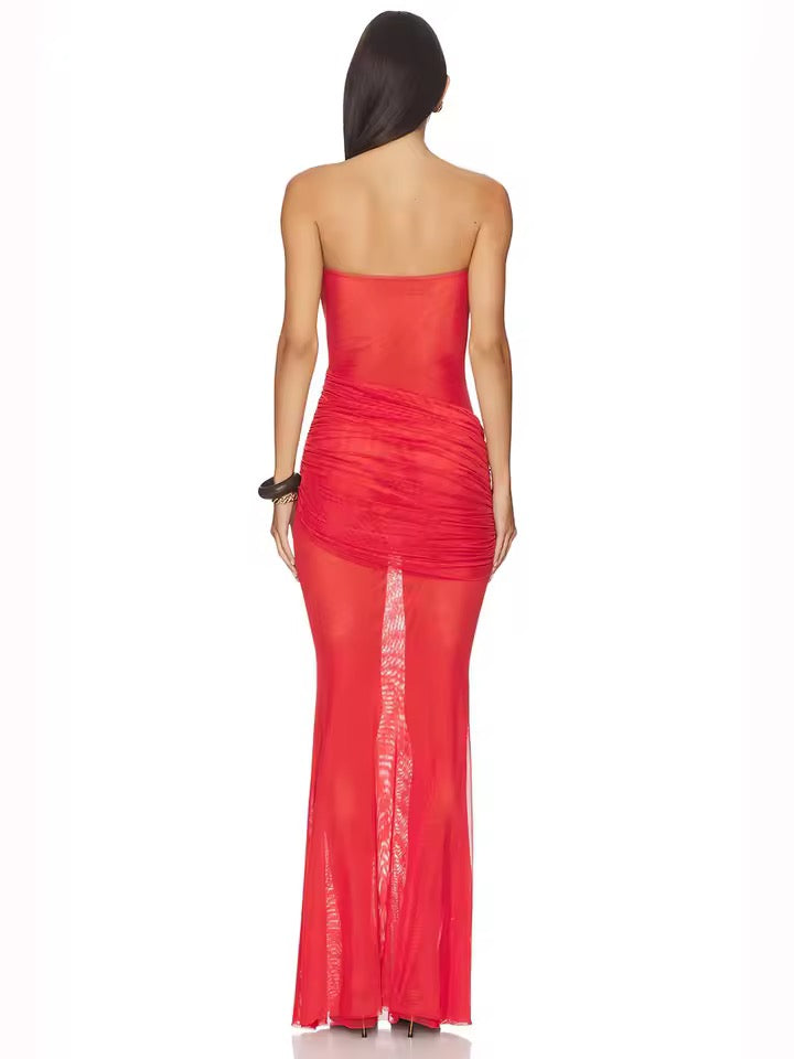 Strapless Mesh Patchwork Maxi Dress