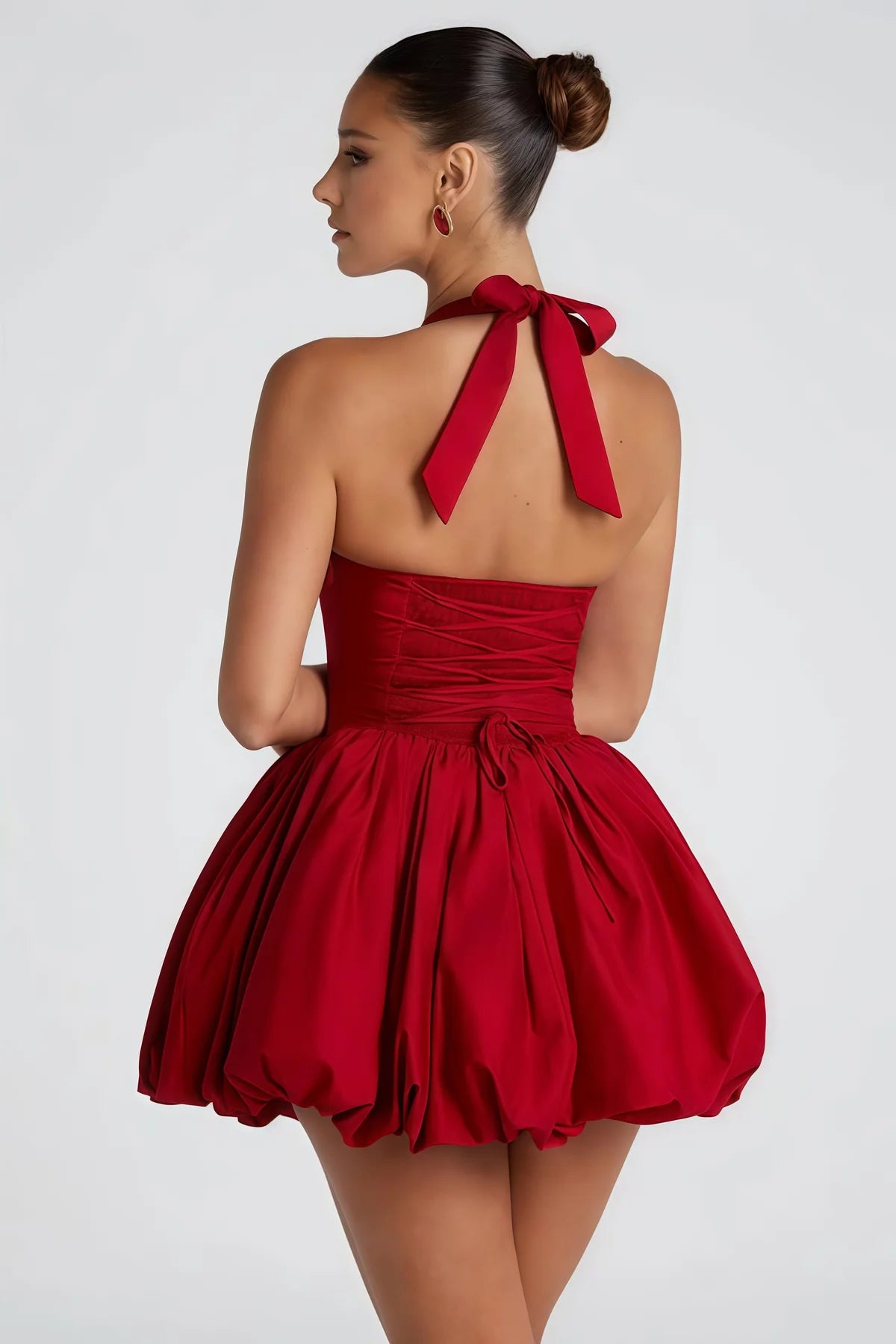 Red Shirred Puffball Mini Dress