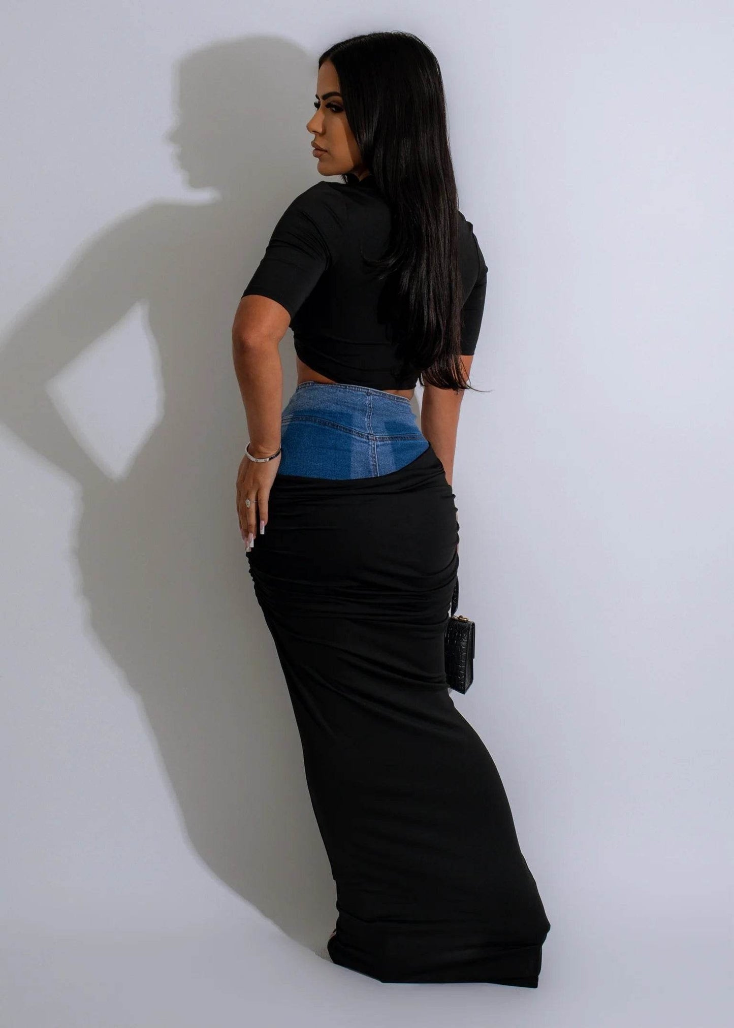 Ruched Denim Skirt Set Black - REBECATHELABEL