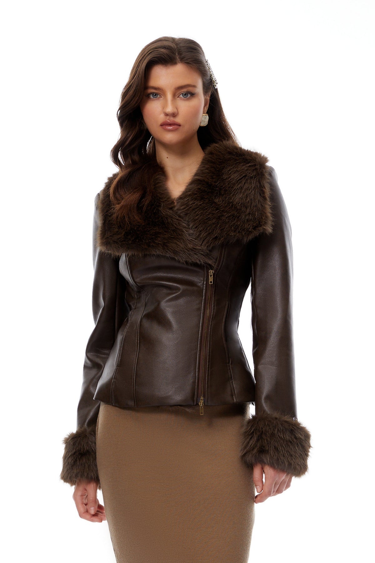 Brown Fur Panel Leather Biker Jacket