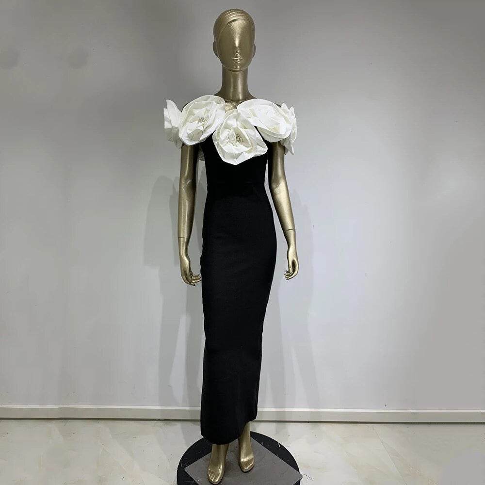 Off Shoulder 3D Flower Design Tight Long Bandage Dress - REBECATHELABEL