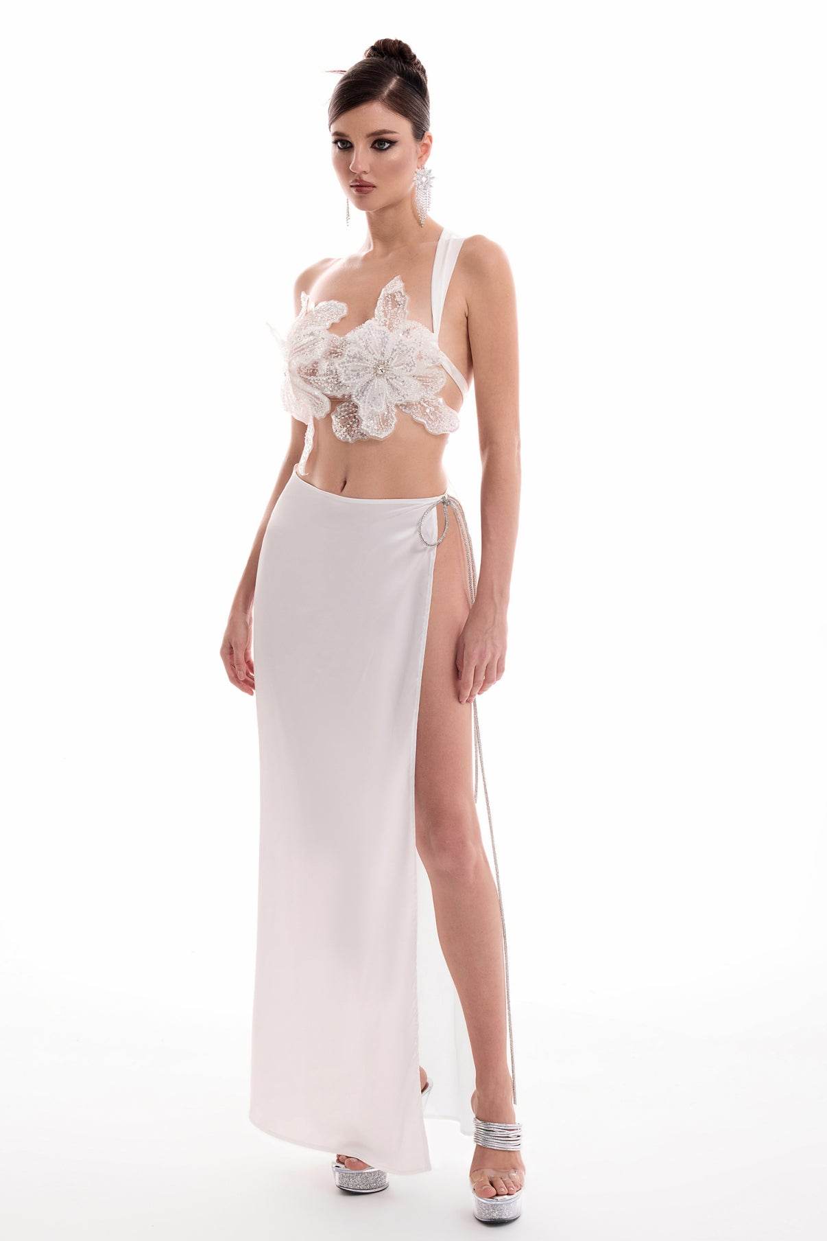 3D Flower Embroidered Backless Top & Solid Split Maxi Skirt Set - REBECATHELABEL