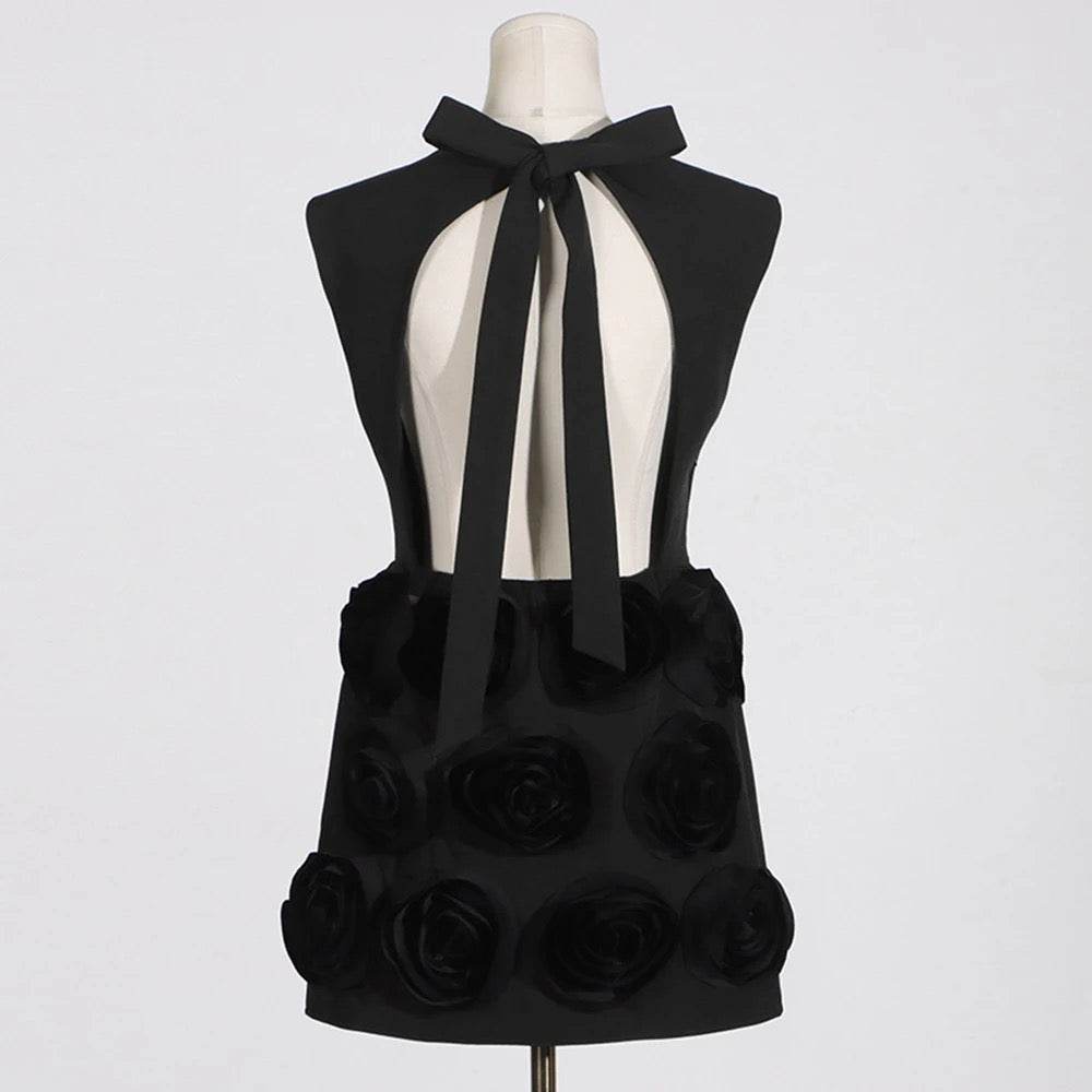 Sleeveless 3D Rose Applique Black Tight Mini Dress - REBECATHELABEL