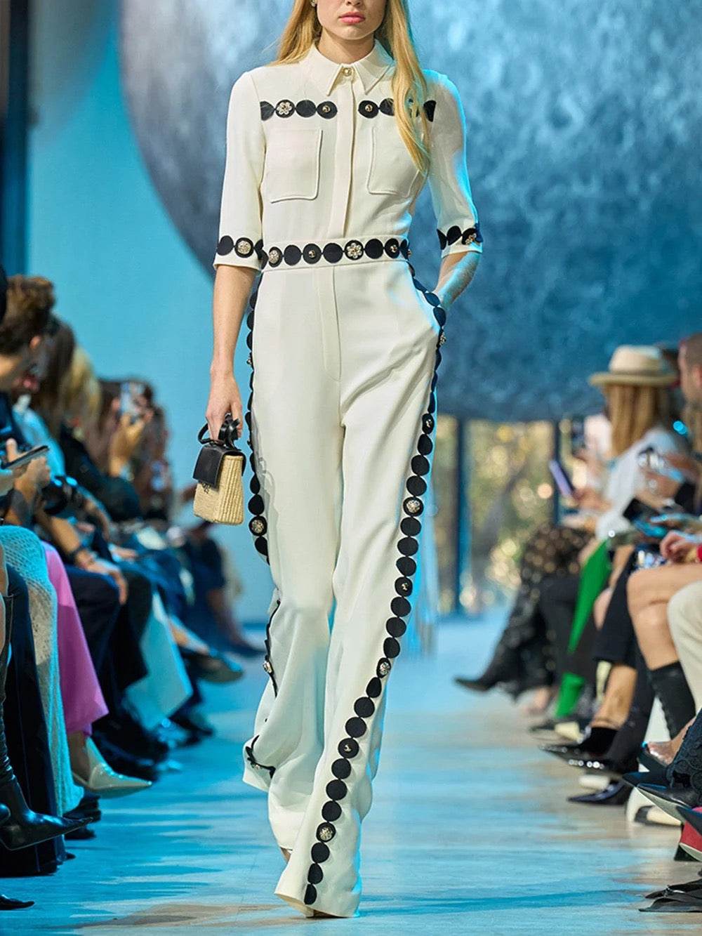 White Flip Collar Button Diamond Sexy Rayon Loose jumpsuit - REBECATHELABEL