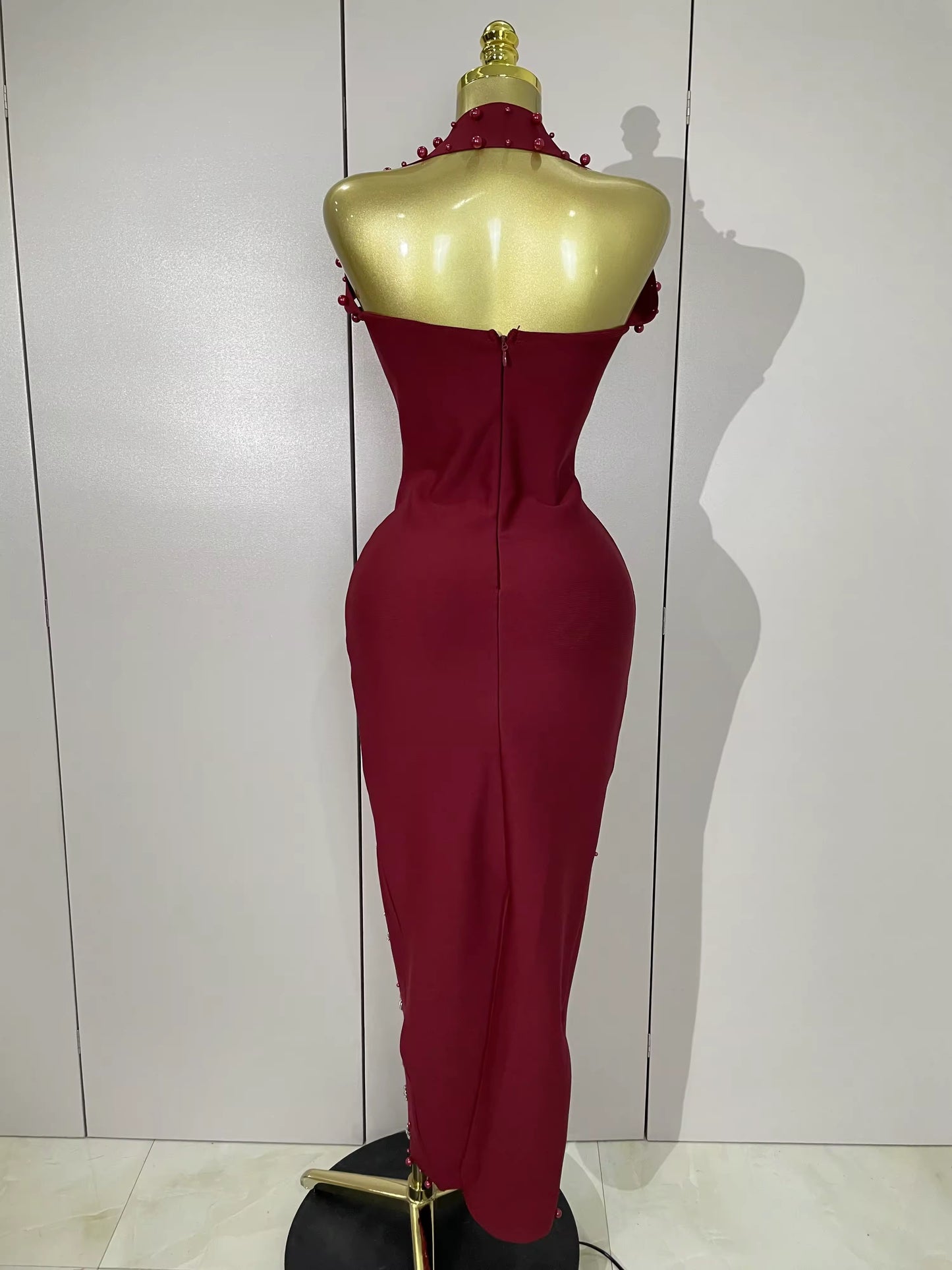 Sparkly Rhinestone Pearl Sleeveless Bodycon Bandage Long Dress