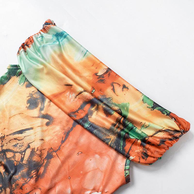 Abstract Printing Texture Slim off Shoulder Dress - REBECATHELABEL