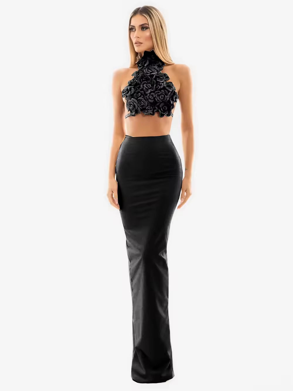Black Hanging Neck Three-Dimensional Flower Top + Long Skirt Two-Piece Set