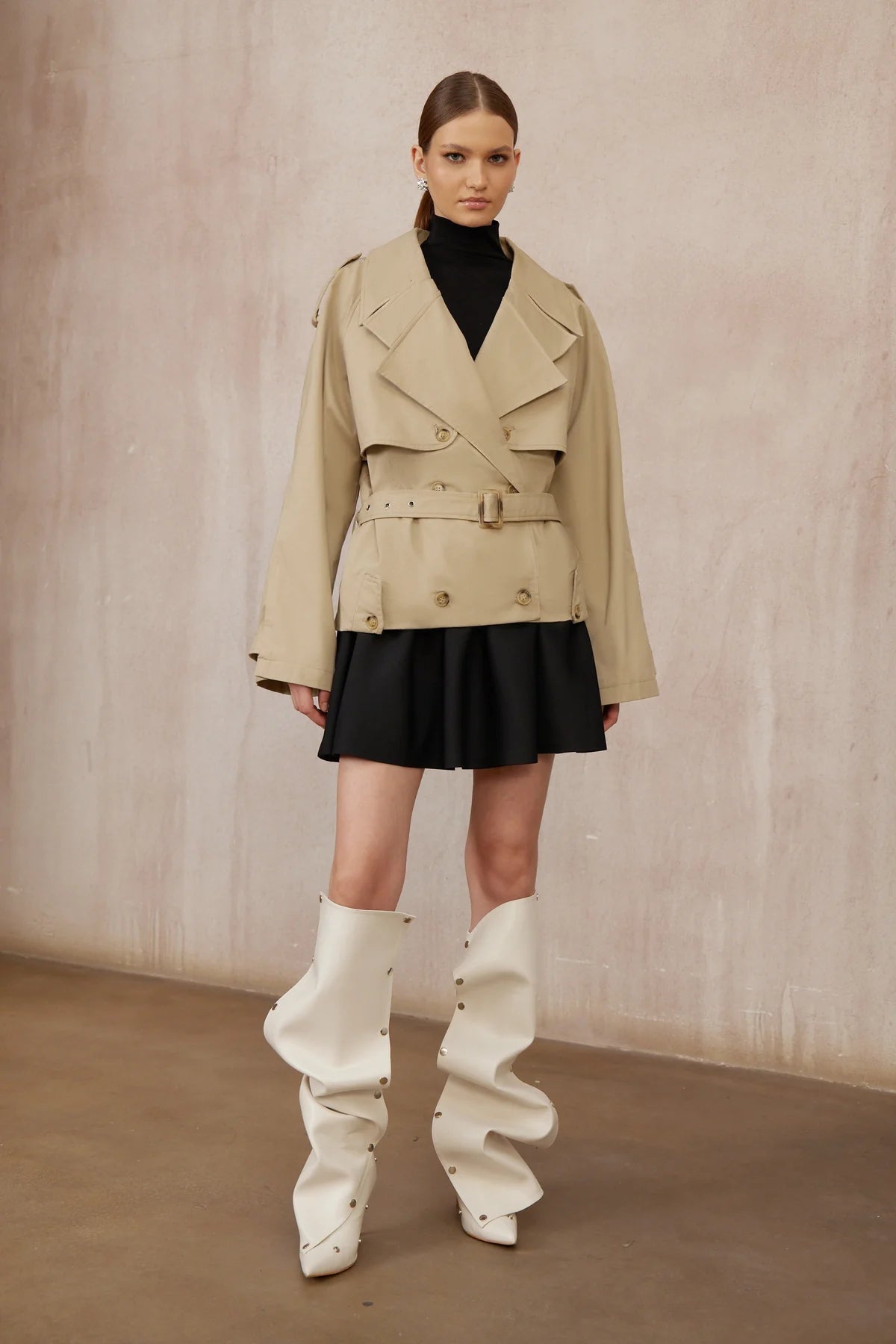 Khaki Double-Breasted Short Trench Coat