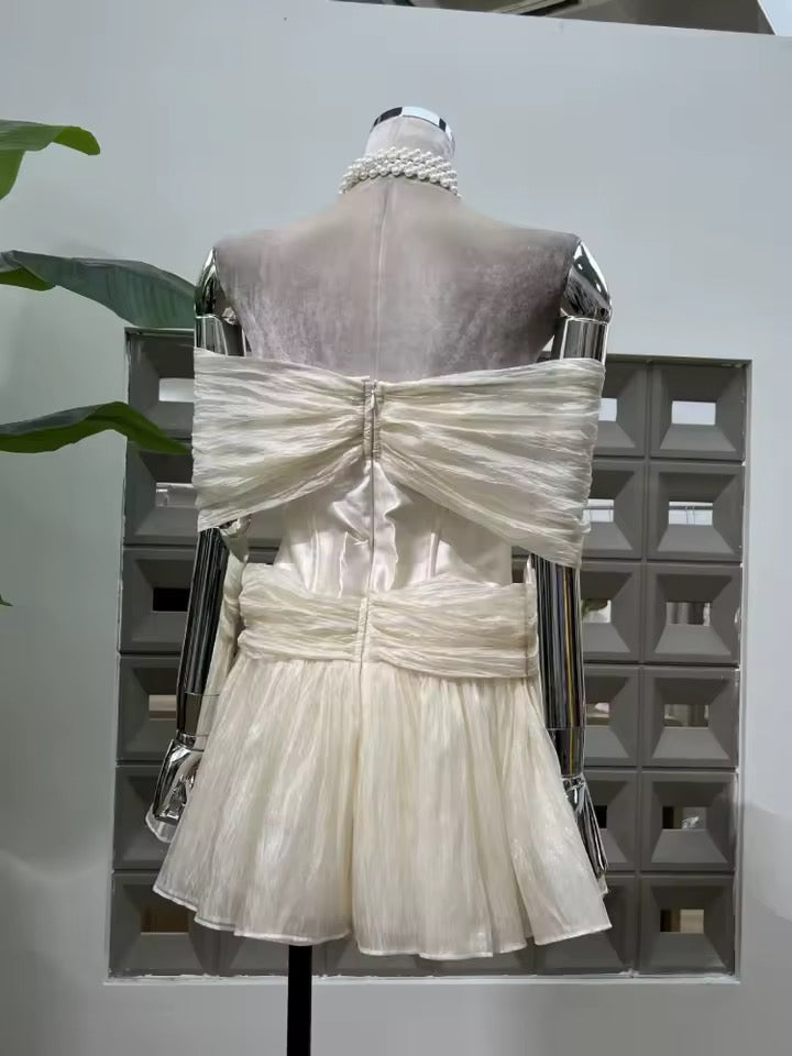 Off The Shoulder Sleeve Metal Buckle Patchwork Mini Dress