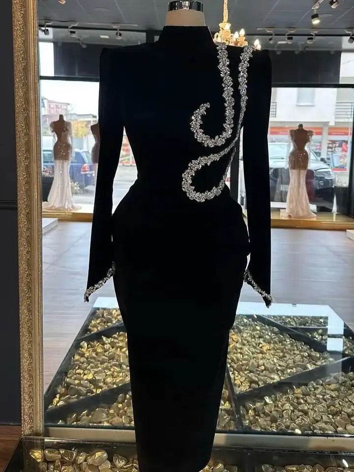 Round Neck Long Sleeve Diamond Tight Long Bandage dress - REBECATHELABEL