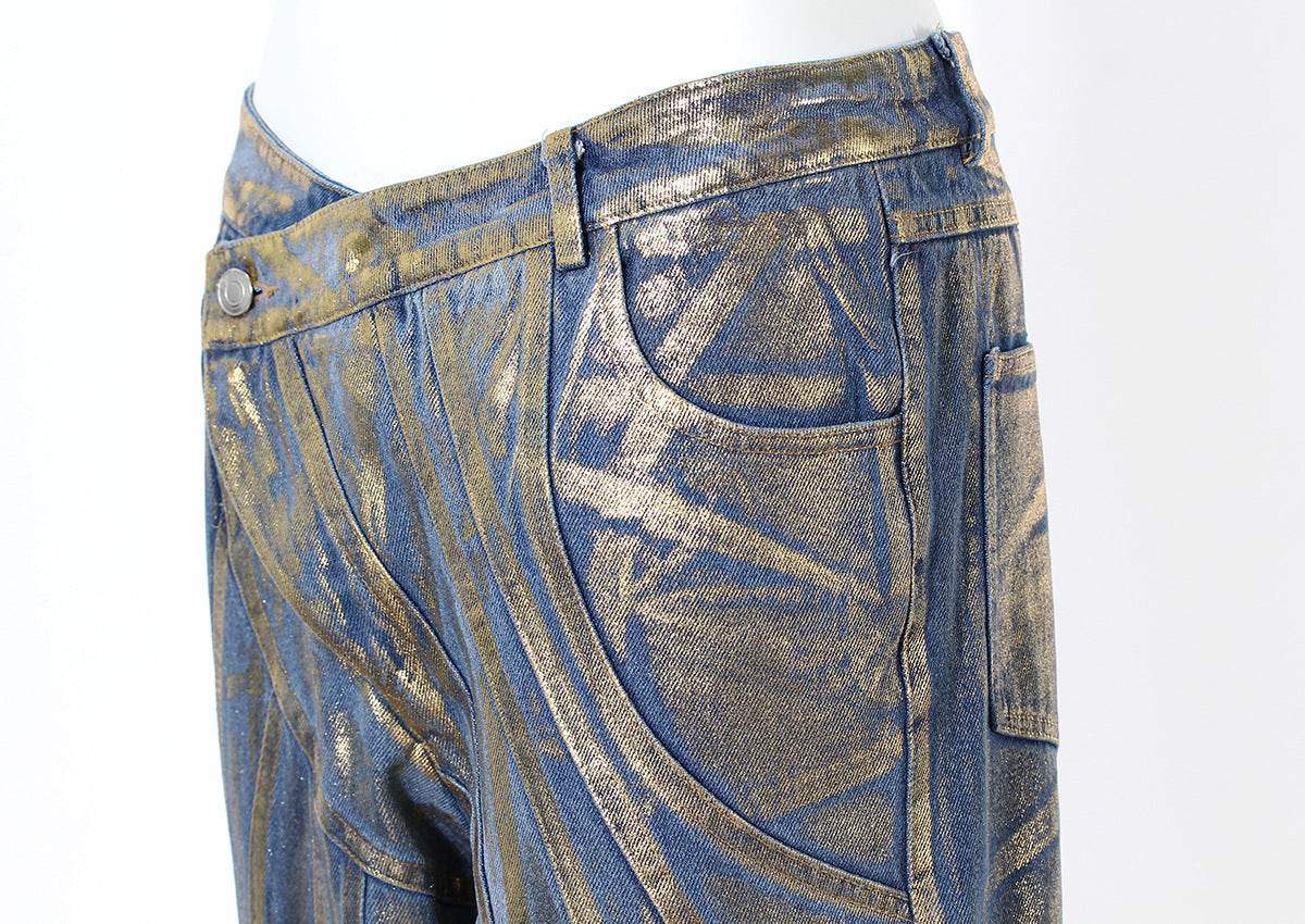 Splicing Strip Shape Bronzing Straight Slim Denim Pants - REBECATHELABEL