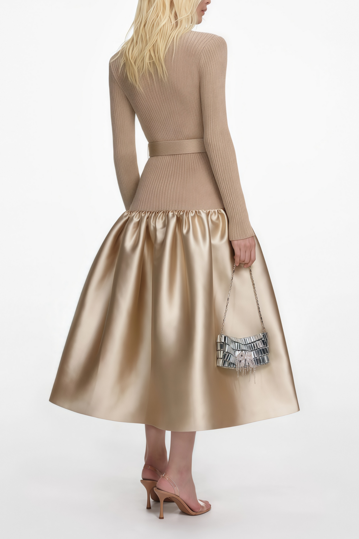 Gold Satin Panel Knit Midi Dress