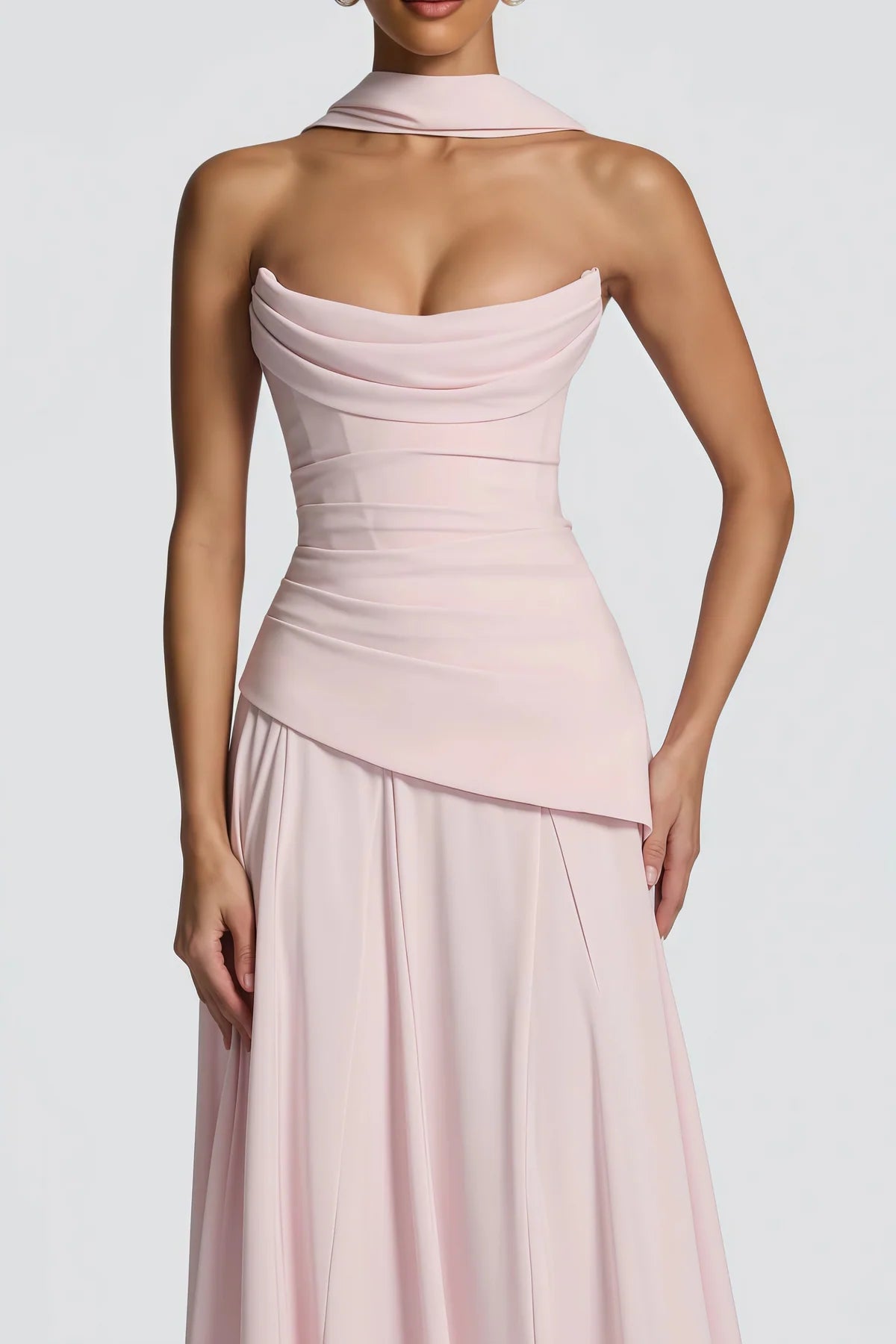 Pink Strapless Corset Chiffon Maxi Dress
