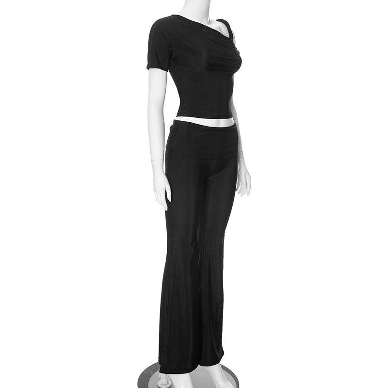 Shoulder Oblique Collar Top Low Waist Trousers Set - REBECATHELABEL