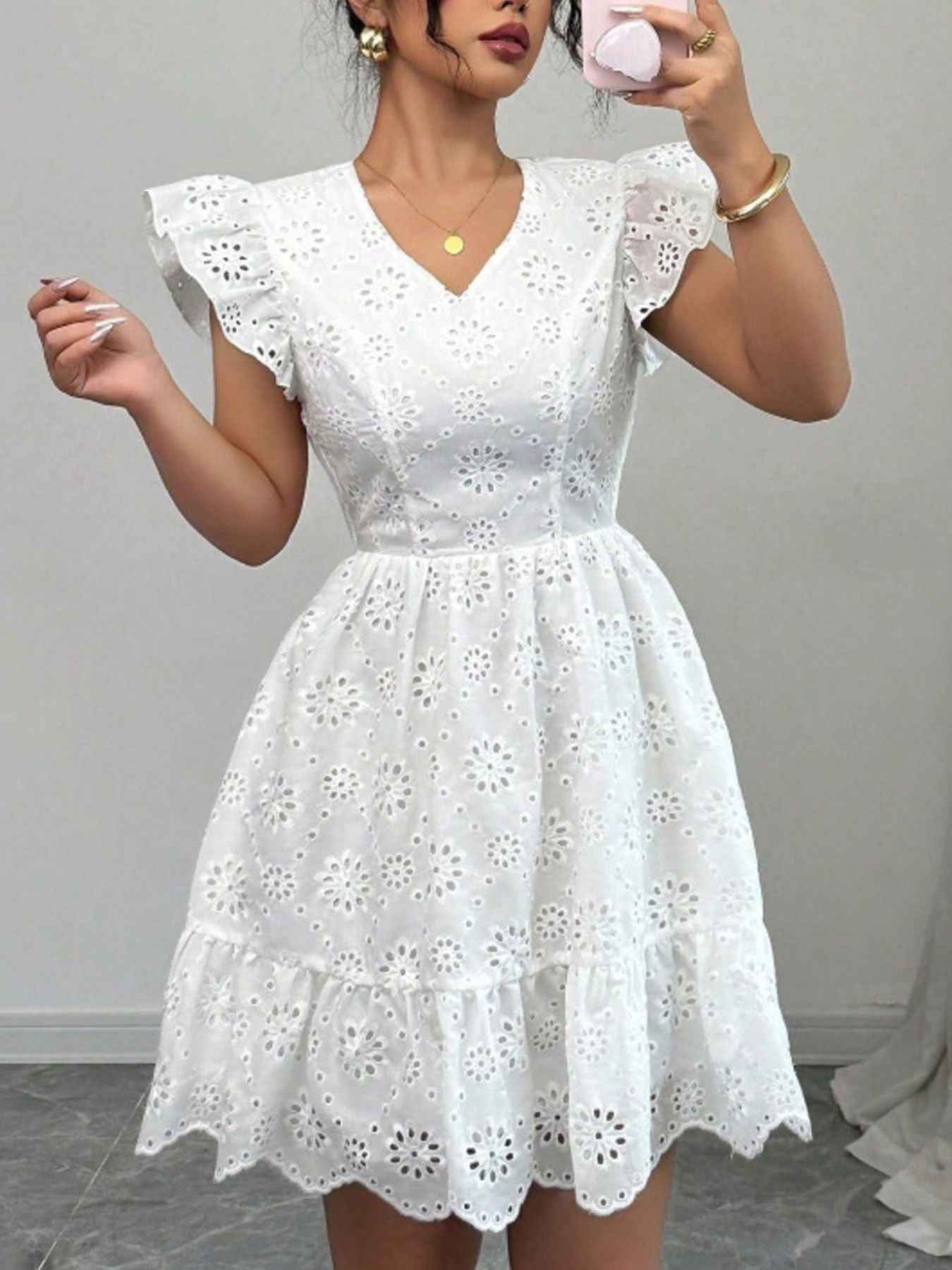 Eyelet Ruffle Sleeve Mini Dress