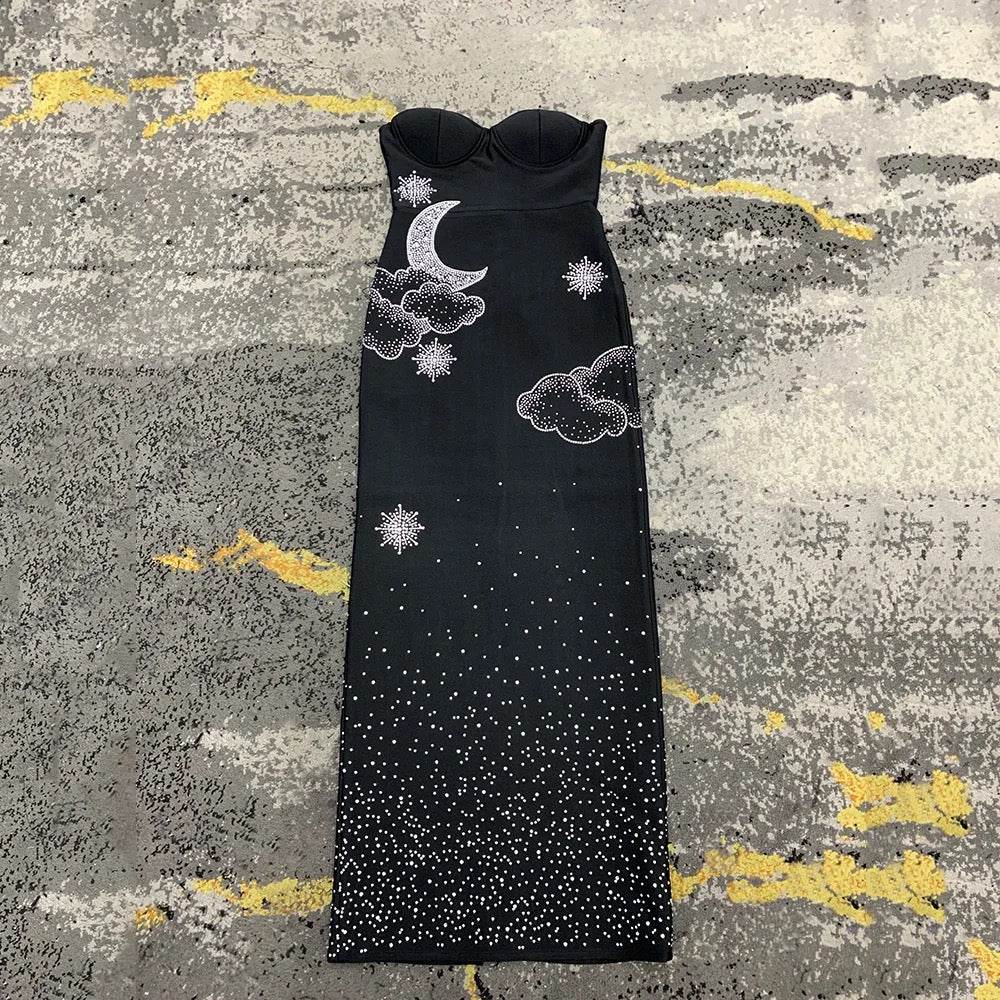 Strapless Diamond Off Shoulder Tight Long Bandage - REBECATHELABEL