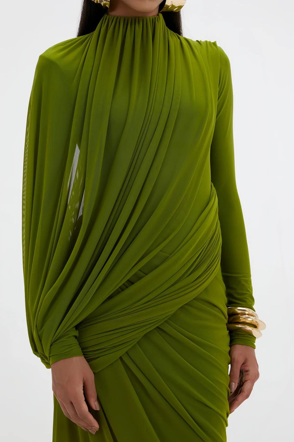 Green Asymmetrical Ruched Maxi Dress