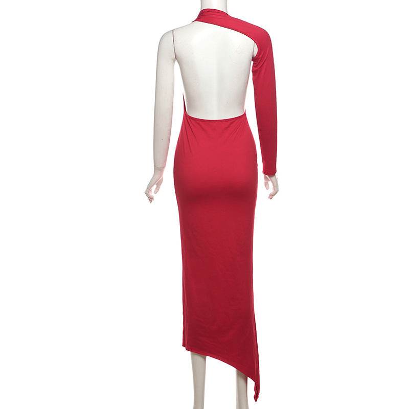 Shoulder Single Sleeve Backless Sexy Solid Asymmetric Halter Dress - REBECATHELABEL
