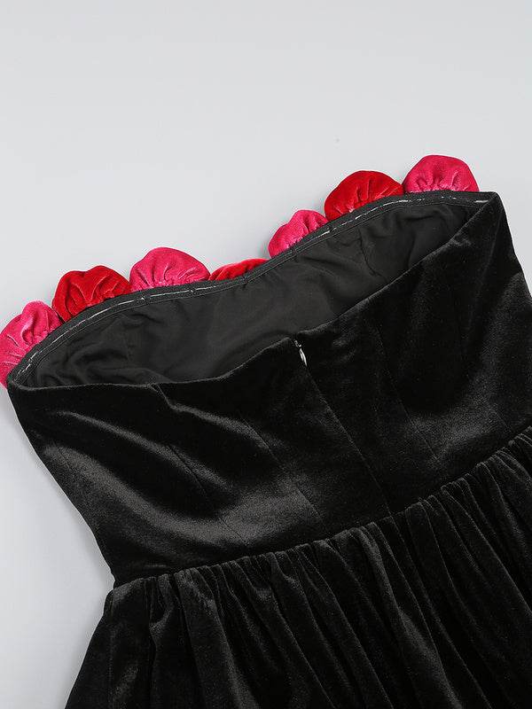 Shoulder Less Backless Black 3D Floral Velvet Mini Dress - REBECATHELABEL