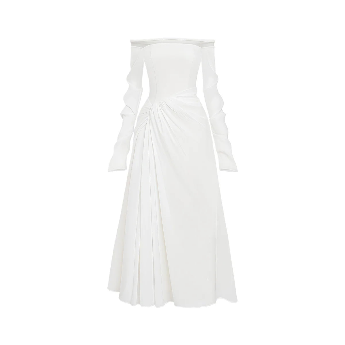 White Gathered Crepe Midi Dress