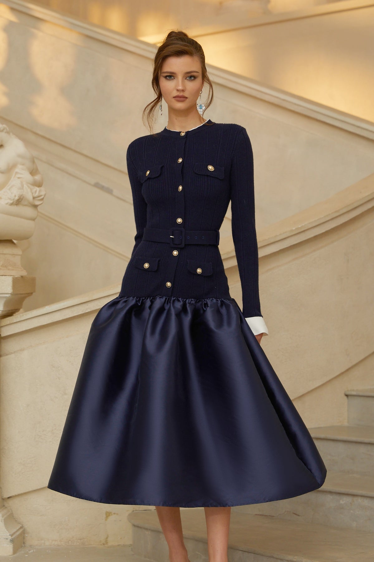 Navy Blue Satin Panel Knit Midi Dress