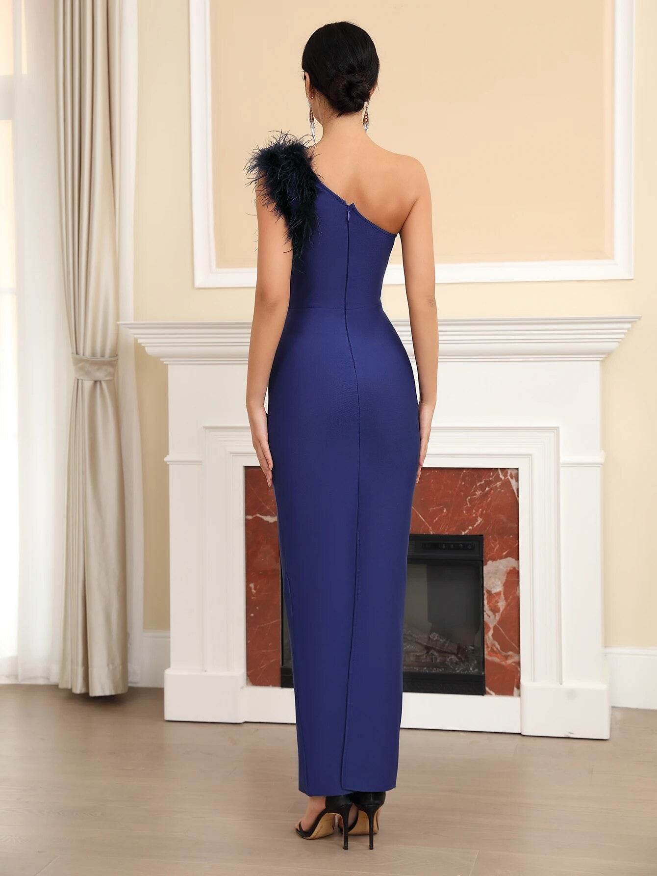 One Shoulder Feather Formal Ball Maxi Bandage Dress - REBECATHELABEL