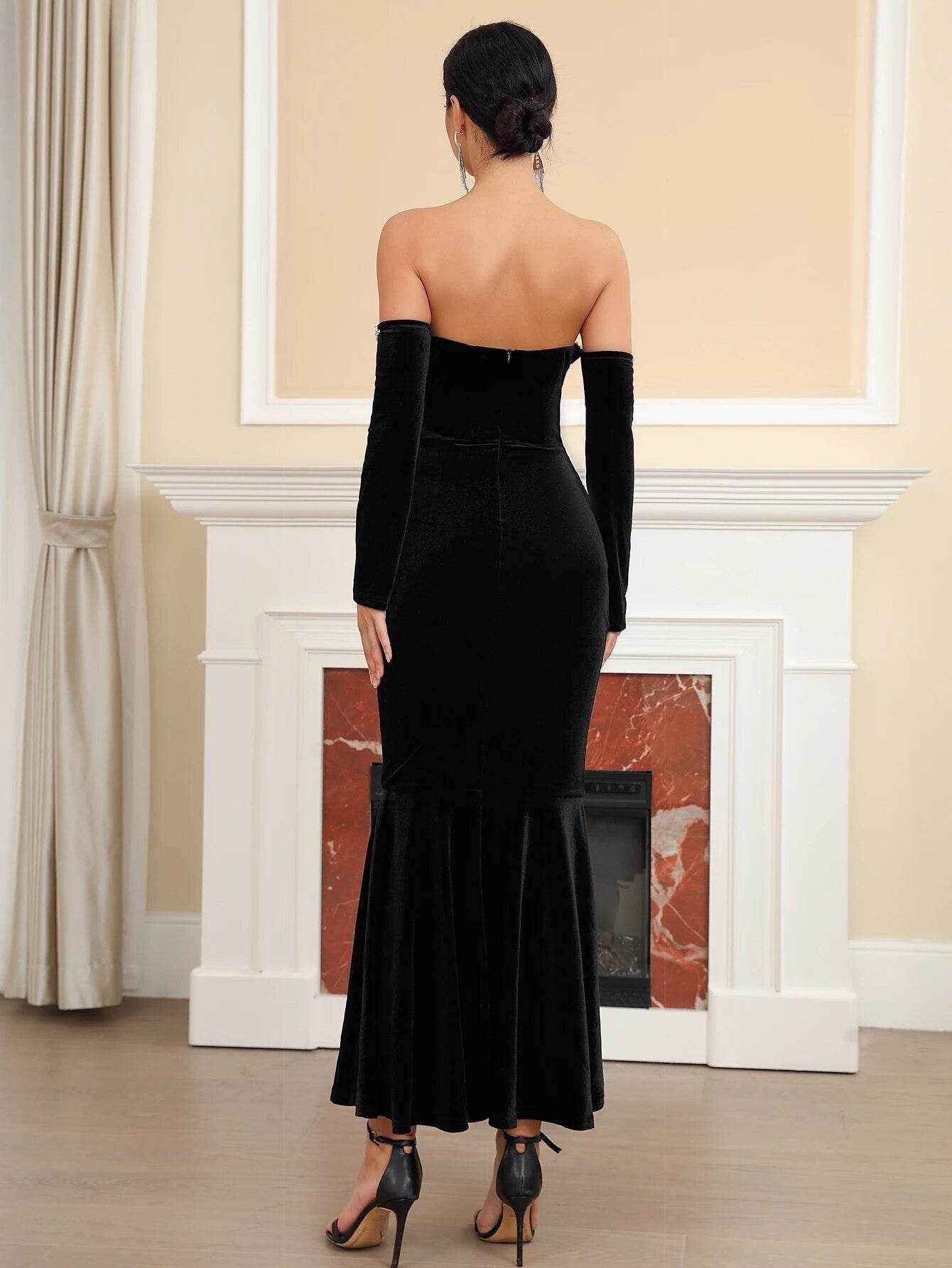 Velvet Character Off Shoulder Sexy Pull Diamond Tight Long Dress - REBECATHELABEL