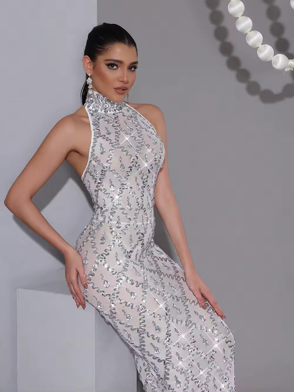 Shining Diamond Sequins Mesh Long Dress Evening Prom Birthday Dress