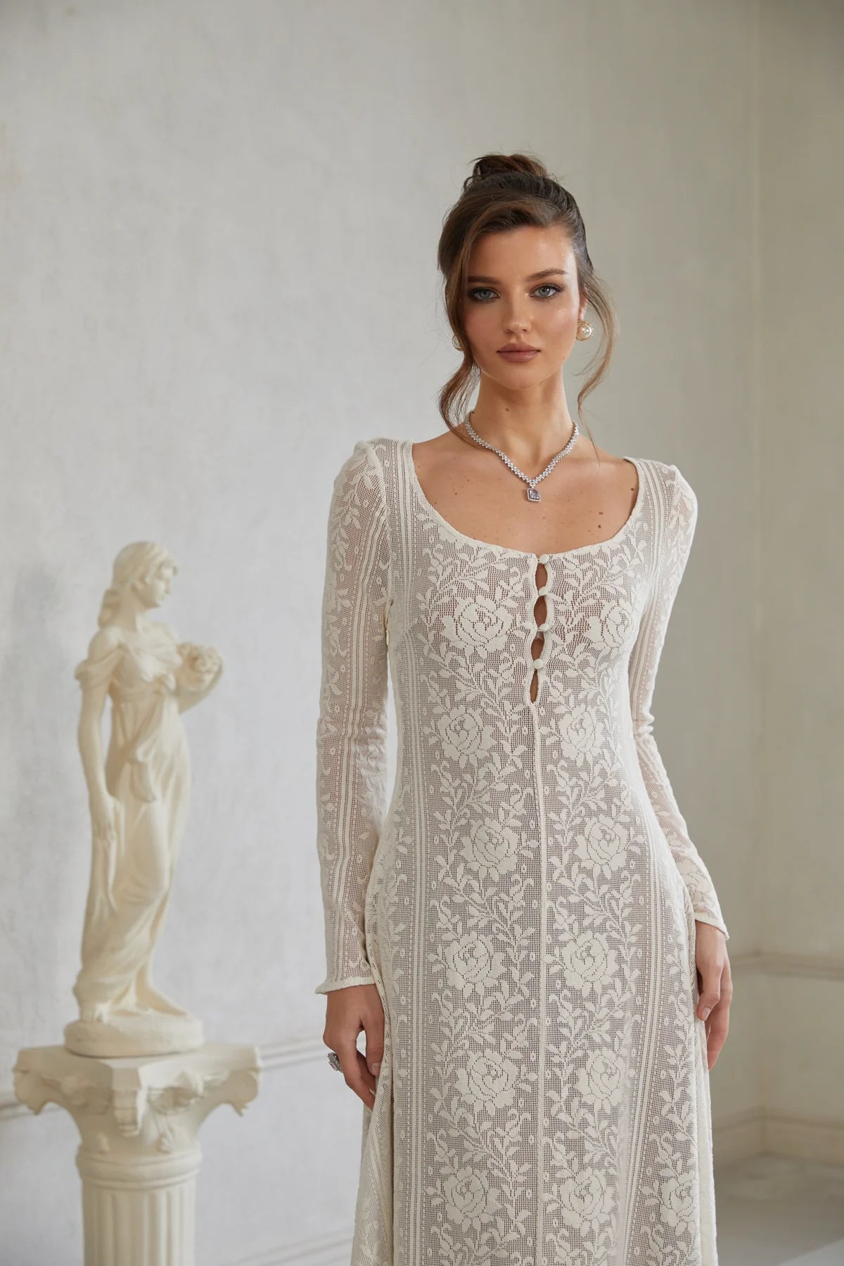 White Flared Crochet Knit Midi Dress