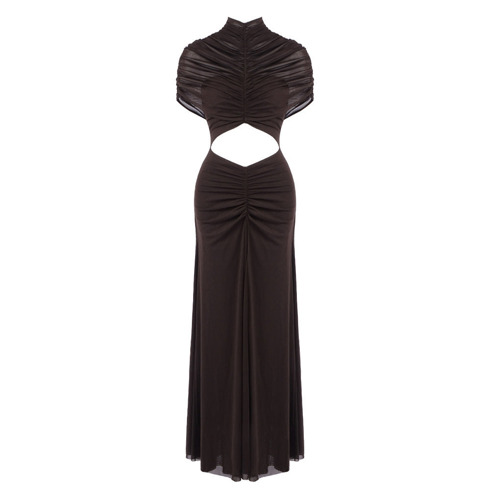 Ruched Brown Hollow Out Maxi Dress