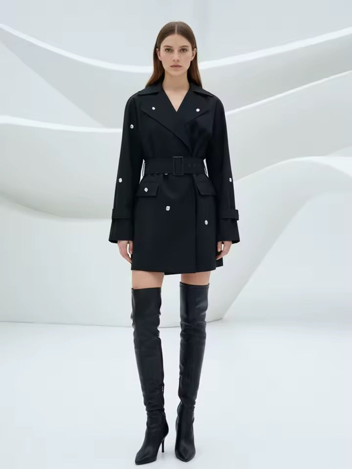 Long Blazer Belt Crystal Long Sleeve Lapel Solid Female Coats