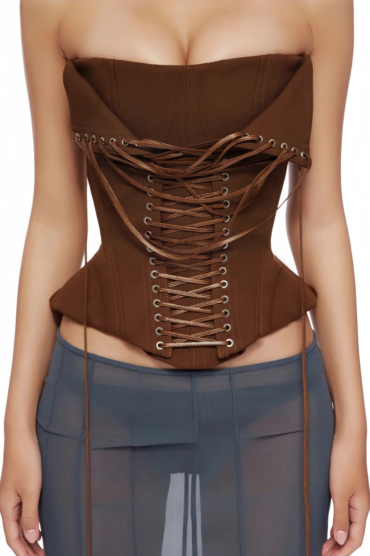 Brown Lace Up Corset Crop Top