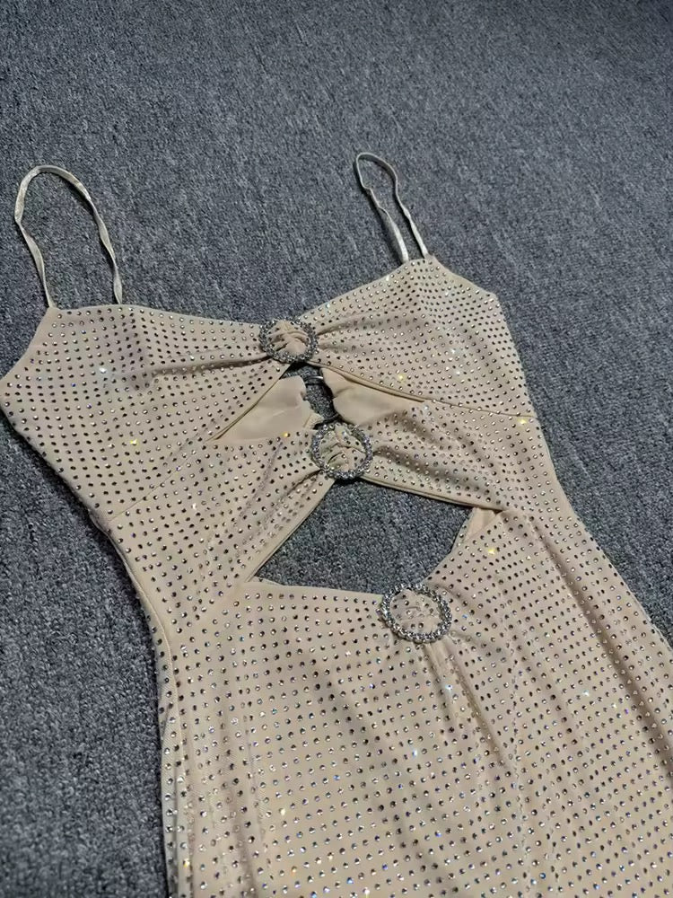 Sleeveless Backless Spaghetti Strap Hollow Out Diamonds Long Dress Shiny Rhinestone Split Dress