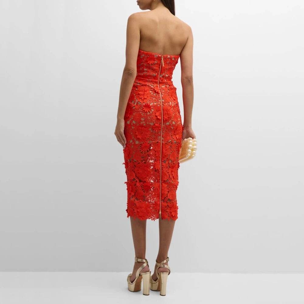Strapless Flower Lace Midi Tight Bandage Dress - REBECATHELABEL