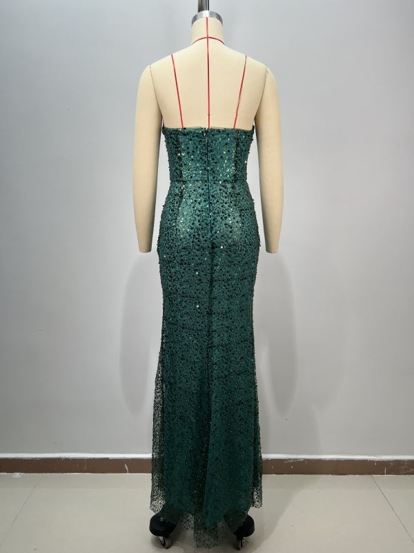 Beading Slim Bag Hip Split Ladies Fashion Party Dress