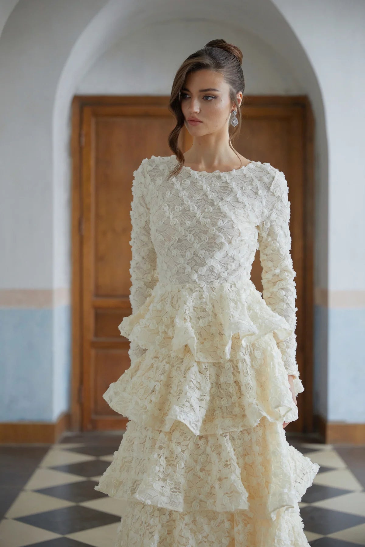 Neutral Tiered Floral Lace Maxi Dress