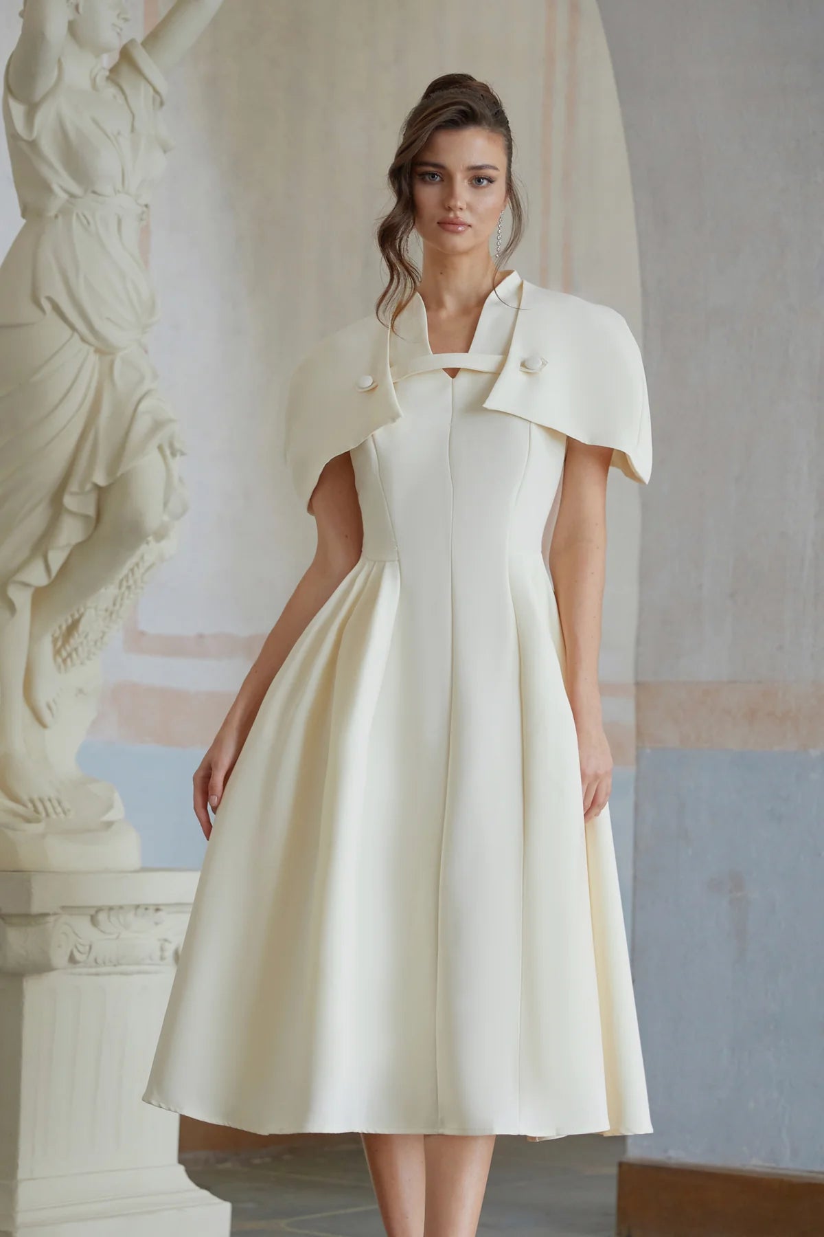 Neutral Shawl Detail Shirred Midi Dress