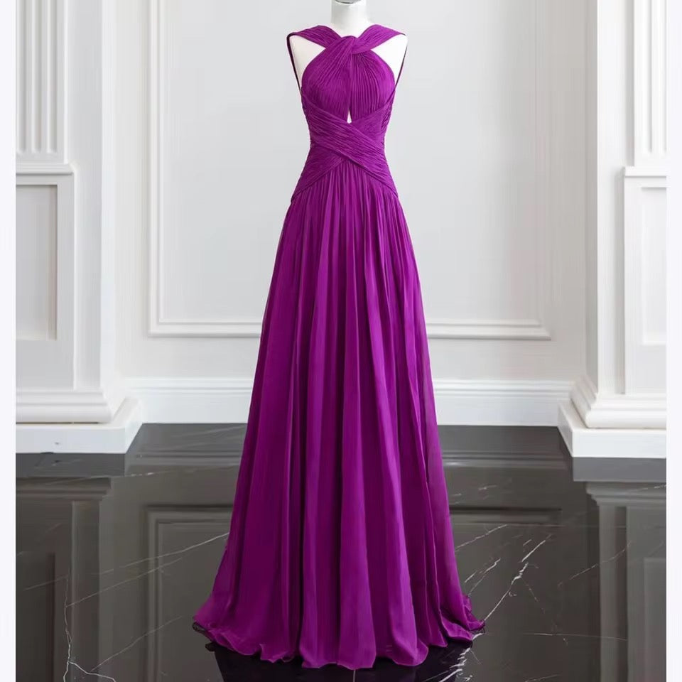 Purple Cross-Over Pleated Maxi Dress