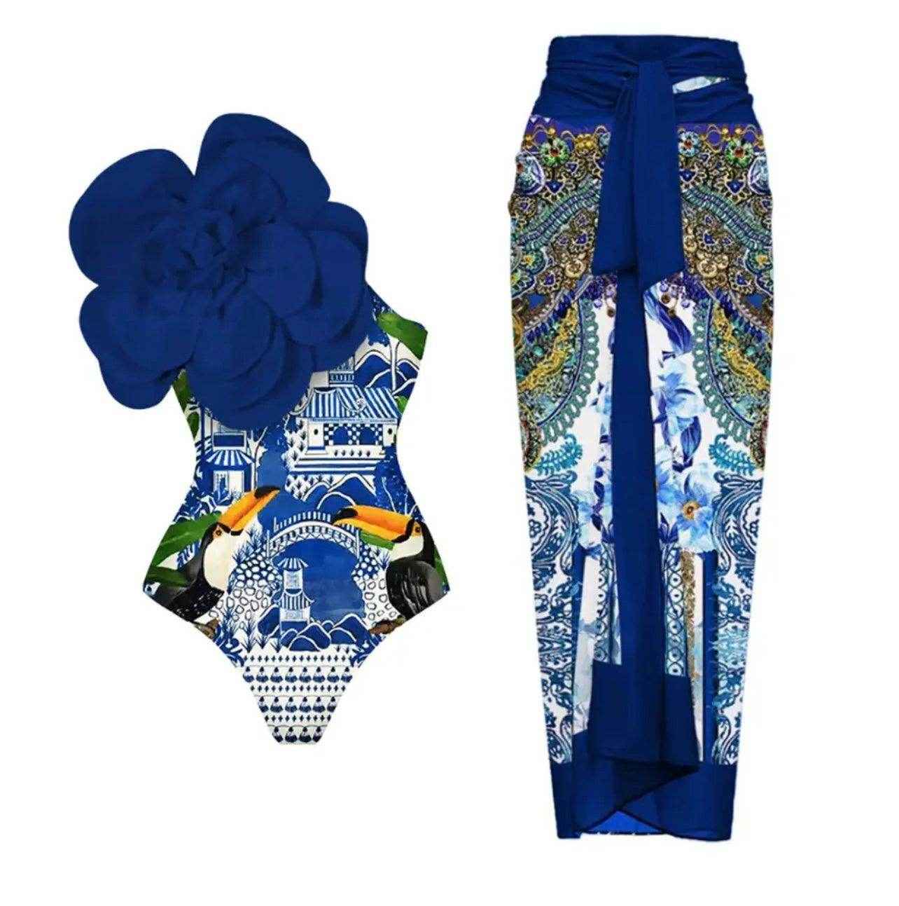 3D flower swimsuit with beach skirt cover up