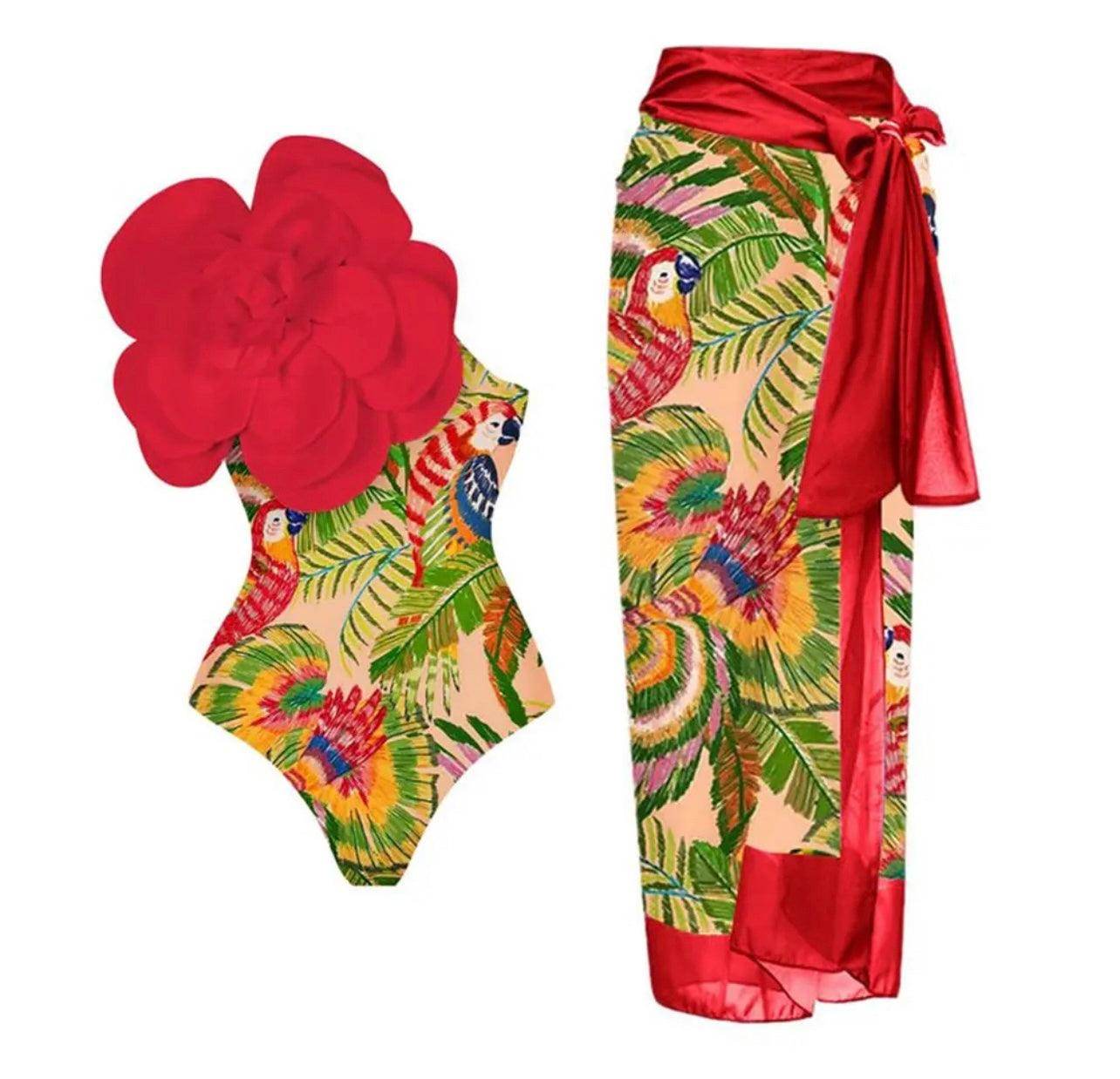 3D flower swimsuit with beach skirt cover up - REBECATHELABEL